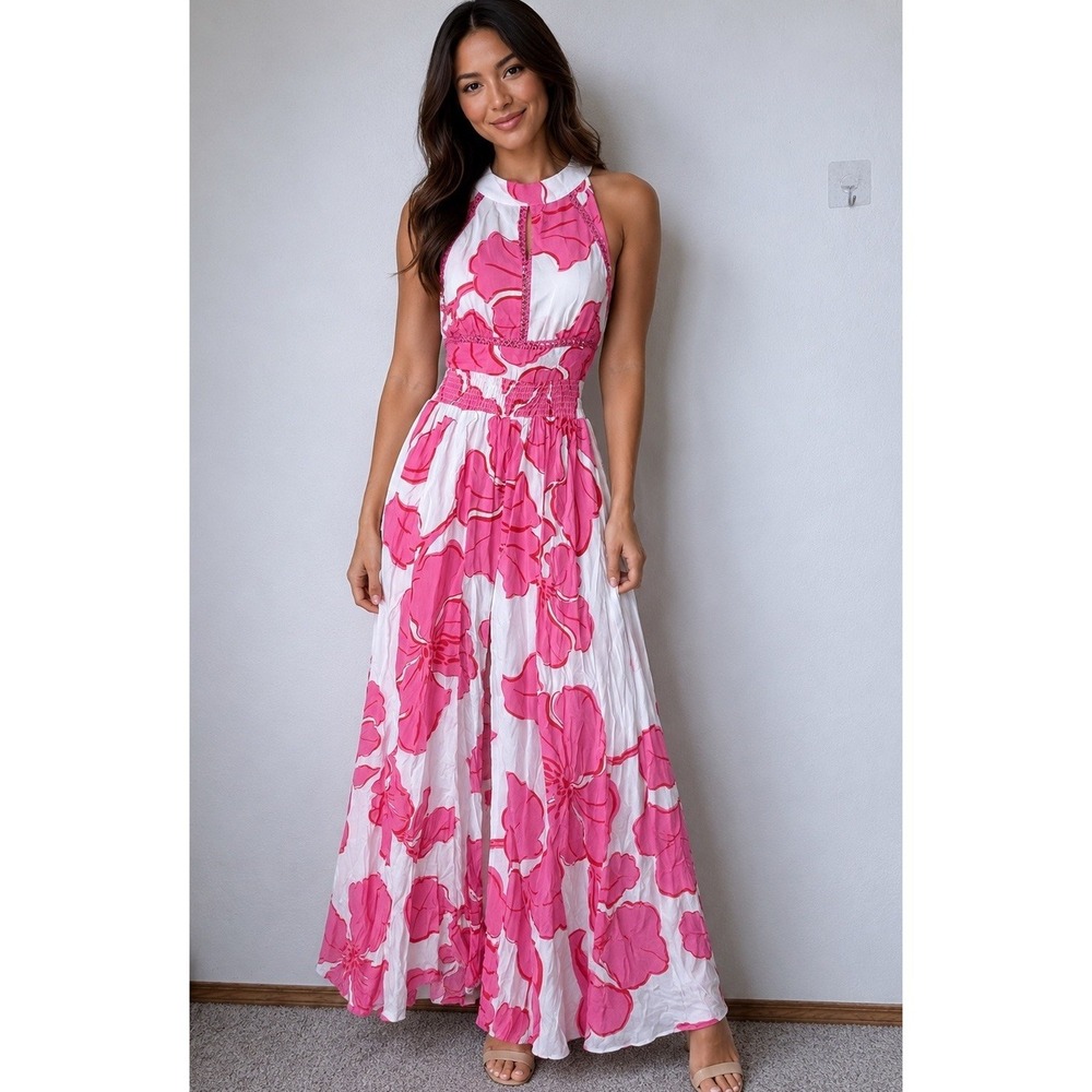 Abel The Label Floral Maxi Dress XS Pink White Paloma Slit Boho Resort NWT